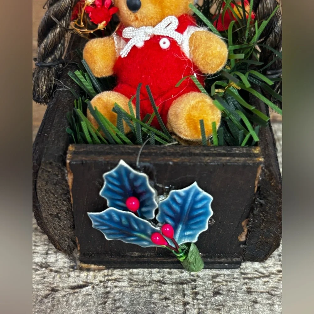 Vintage Flocked Teddy Bear Santa Wood Basket Christmas Ornament 3” Kitschy